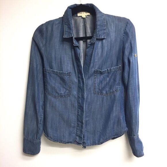 Anthro Cloth & Stone Blue Chambray Split Tie Back Shirt Blue XS - Picture 3 of 8